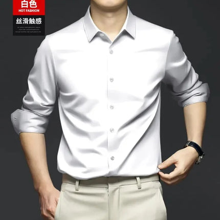 6XL Mens dress black shirts long-sleeved Office Wear Oversize wrinkle-proof non-ironed solid color business casual ice silk