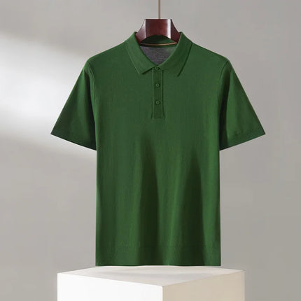 100% Lyocell men's T-shirt casual solid color knitted pullover short sleeved loose POLO collar Tees Pull on vest Tops