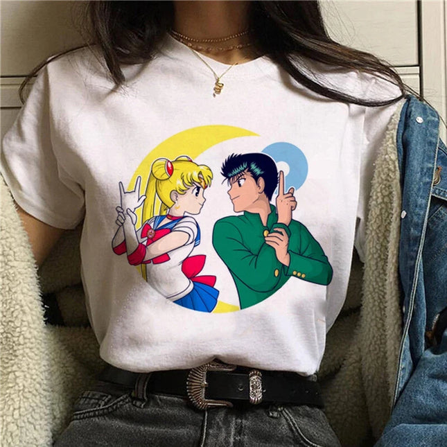 90s Anime Sailor Moon Retro Graphic Summer Cotton Men Women Tee Streetwear Casual Trend Short Sleeve Couple Hip Hop Top