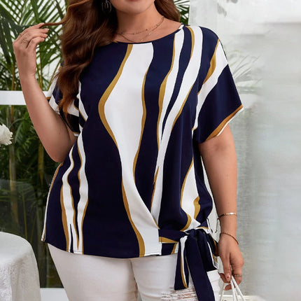 Plus Size Women's Shirts, Striped Printed Short-Sleeved Crew Neck Shirts, Elegant Work Tops with Side Knotted Design