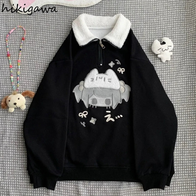 Preppy Style Korean Hoodies for Women Thicked Casual Fashion Sweatshirts Turndown Collar Embroidery Cartoon Hoodie Cute Y2k Tops