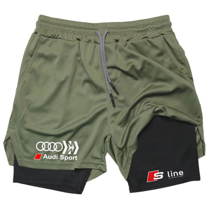 Audi Logo Men's Sports Shorts Double-Layer Quick-Drying Breathable Casual Sportswear for Running M-3XL