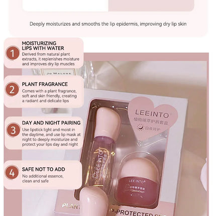 Leeinto Plant Essence Lip Care Set: Moisturizing, Long-Lasting Nourishment, Gentle Formula, Lightweight Texture, Lip Gloss, Lip Mask, Enhances Complexion, Pre-Makeup Primer, Essential for Daily Commuting and Dating, Night Car