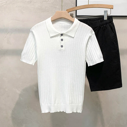 Slim Fit Knitted T-Shirt Short Sleeve Vertical Stripe T-Shirt Summer Fashionable Korean Style Lightweight Casual Top