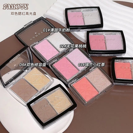 FAMOTY dual-color blush, Highlighter and contouring All-in-one plate, Shadow Brightening blush plate, multiple uses in one plate