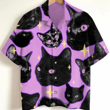 Men's Cat Graphics Shirts Short Sleeved Button Down Lapel Shirt For Summer Oversized Tops Vacation Casual Hawaiian Shirts
