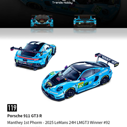 Trends Hobby 1/64 Porsche 911 GT3 R 2025 LeMans 24H LMGT3 Racing Miniature Model Toy Car Free Wheels Diecast Collection Gift