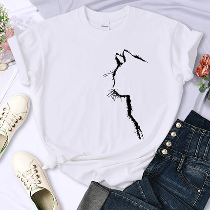 Simple Strokes Of Cat Funny Printed Women T-Shirt Fashion Casual Short Sleeve O-Neck Personality Street Tee Clothing Summer Tops