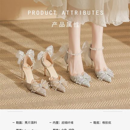 Spring Pointed Toe Party Wedding Shoes for Women, Bride Bow Thick Heel Silver Sequin Fairy Lolita Style Single Shoes