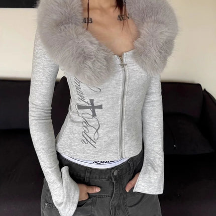 Vintage Y2k Fur Collar T Shirt Women 2000s Aesthetics Off Shoulder Tops Harajuku Letter Print Long Sleeve T-shirt New 2026
