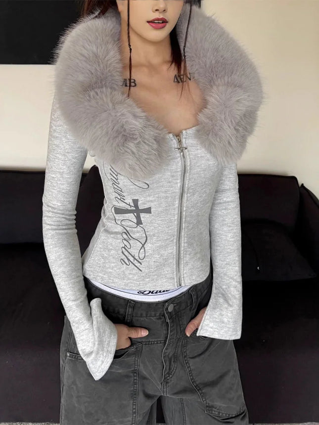 Vintage Y2k Fur Collar T Shirt Women 2000s Aesthetics Off Shoulder Tops Harajuku Letter Print Long Sleeve T-shirt New 2026