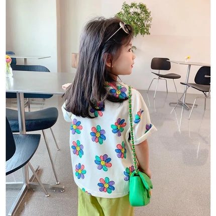 1pcs Summer Kids Flower Print Tops Clothes Girls Korean Style Shirt Children Short Sleeve T-shirts Child Casual Comfort T Shirs