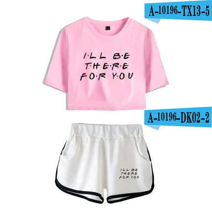 Fashion Youthful Trendy Show I'll Be There for You Short Sleeve Shorts+lovely T-shirts Dew navel Girl suits Two Piece Set