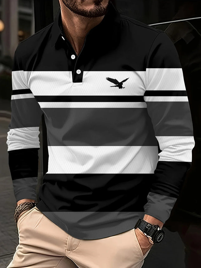 All-winter men's striped long-sleeved polo shirt, breathable casual top, slim and fitted, quick-drying collar classic polo shirt