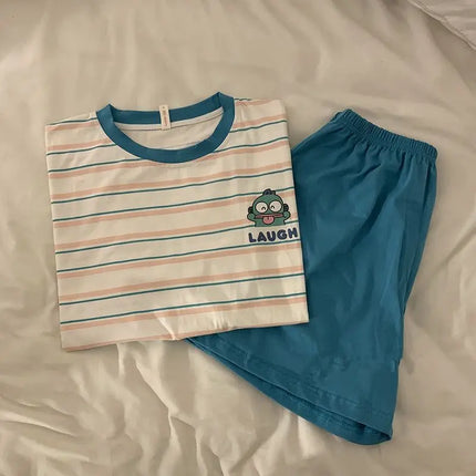 Hangyodon Pajama Cute Cartoon Originality Stripes Comfort T-shirt Shorts Summer New Fashion Delicate Personality Home Suit Set