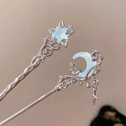Romantic Moonstone Star Moon Hair Stick Metal Branch Hairpin Hair Fork Chinese Style Hair Accessories for Girls Hair Headwear