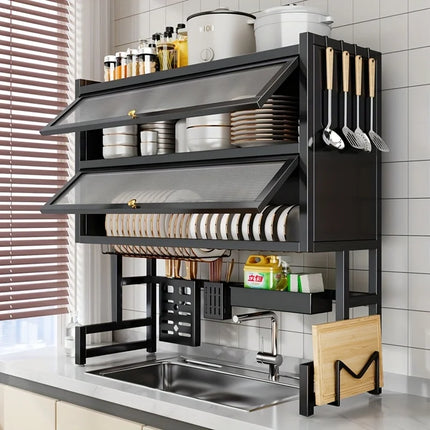 Over-the-Sink Dish Rack with Utensil Holder - Dustproof Carbon Steel Organizer for Plates/Bowls/Cutting Boards | Space Kitchen
