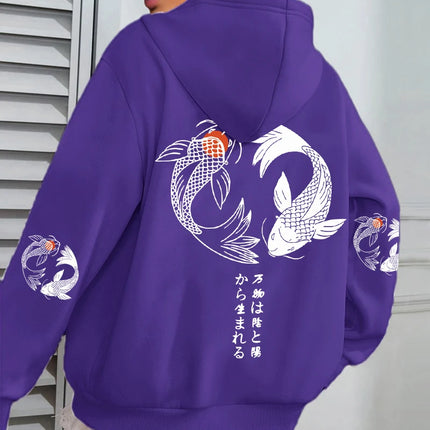 Japanese Koi Harajuku Illustration Prints Women Hoodie Loose Y2K Hoody Multicolor Autumn Hoodies Fleece Soft Woman Sportswear