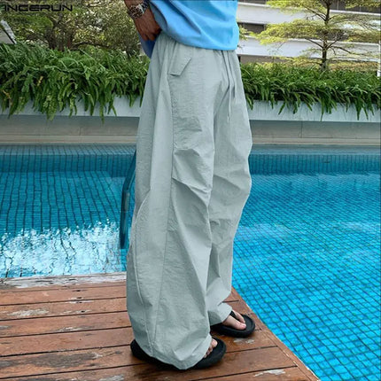 INCERUN Men's Pants Solid Color Drawstring Joggers Loose Casual Trousers For Man Streetwear 2026 Fashion Male Wide Leg Pants