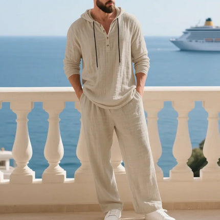 Men's Cotton Linen Casual Set 2 Pieces Spring Summer Loose Fit Hooded Shirt & Pants Set Breathable Vacation 2 Piece Set for Man