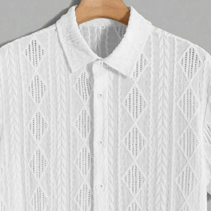 Men's regular slim fit solid color short sleeved shirt with button down casual hollow top, suitable for summer fashion daily wea