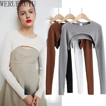 Women's Long Sleeve Crop Top T-shirts Spring Autumn Y2k Aesthetic Clothes O-neck Black White Sexy Harajuku Knitted Tshirt 2023