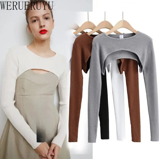 Women's Long Sleeve Crop Top T-shirts Spring Autumn Y2k Aesthetic Clothes O-neck Black White Sexy Harajuku Knitted Tshirt 2023