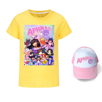 Anime Aphmau Tshit Kids Summer Clothes Baby Girls Cartoon T-Shirt + Sunhat 2pcs Set Boys Short Sleeve Casual Tops Children Tees