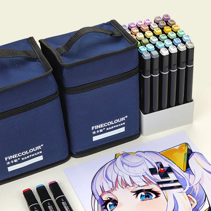FINECOLOUR Large Capacity Zipper Pen Bag Art Markers Canvas Storage Navy Blue Bag Hold With base 120/168/240Pcs Markers Pen