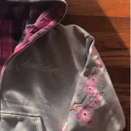 American Retro Letter Embroidery Cardigan Unisex Splicing Double Sided Loose Hooded Casual Street Trendy Sweatshirt
