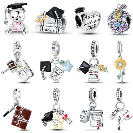 100% 925 Sterling Silver Graduation Season Series Owl Bachelor's Hat Charms Beads Fit 3mm 925 Original Bracelets DIY Jewelry