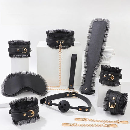 Sexy Lace Hand and Foot Cuffs with Leash Collar Bondage Seven-Piece Set Maid Training Props Couple Role-Play Intimate Toys 18+
