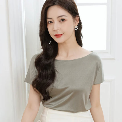 Summer women's short sleeved acetate fabric high-end knitted women's T-shirt thin European style hot selling women's T-shirt