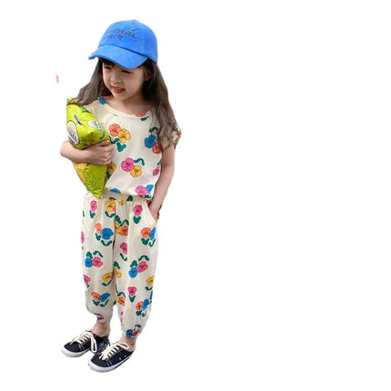 2026 Summer Children Girls 2PCS Clothes Set Cotton Floral Printed Short Sleeve Tees Suits Loose Cropped Pants Kids Girls Outfits