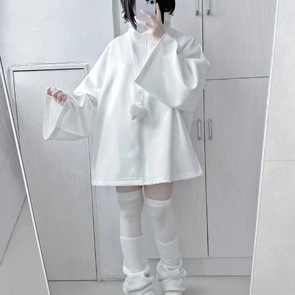 Japanese Casual Solid Hoodies Women Loose Y2k Aesthetic Oversized Embroidery Coats Harajuku Zipper Grunge Sweatshirts