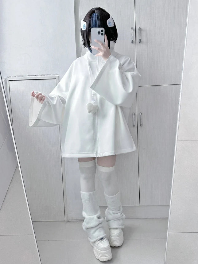 Japanese Casual Solid Hoodies Women Loose Y2k Aesthetic Oversized Embroidery Coats Harajuku Zipper Grunge Sweatshirts