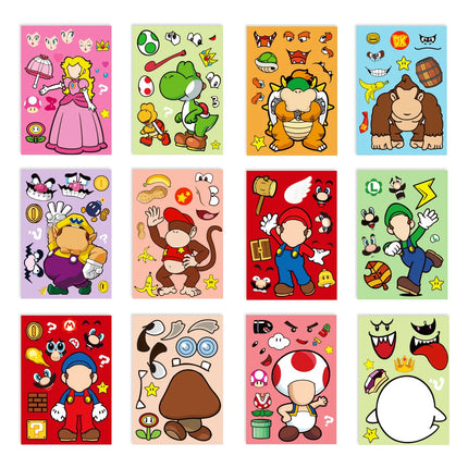 12pcs Anime  Mario Bros Puzzle Stickers Game Kawaii Make A Face Sticker Cute Cartoon DIY Funny Pack Toy Gift