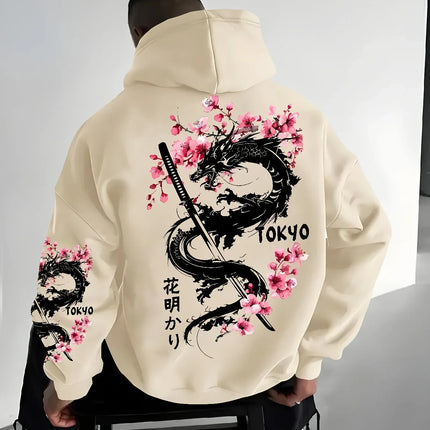 Trendy men's anime dragon and cherry blossom print hooded sweatshirt for casual street comfort, inspired design hoodie