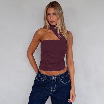 Hugcitar Women Elegant Halter Scarf Strapless Ruched Solid Sexy Slim Crop Tank Top 2025 Summer Casual Clothes Streetwear Party
