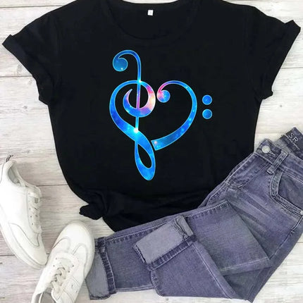 Fashion Women T Shirt Musical Note Printed T Shirt Casual Black Tops 90s Ladies Girls Tee Shirt Female Harajuku Graphic T-shirt