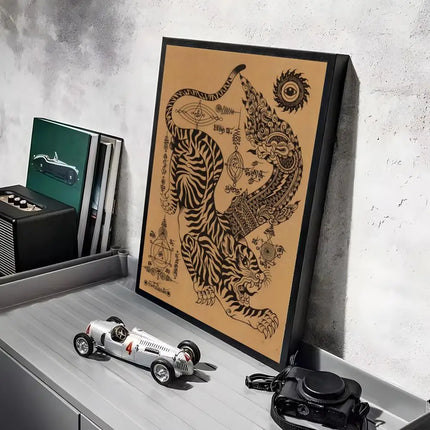 Thai S-Sak Yant Twin Tigers Poster Stickers HD Waterproof Painting Wall Art for Bedroom Living Room Home Decor Decoration Gift