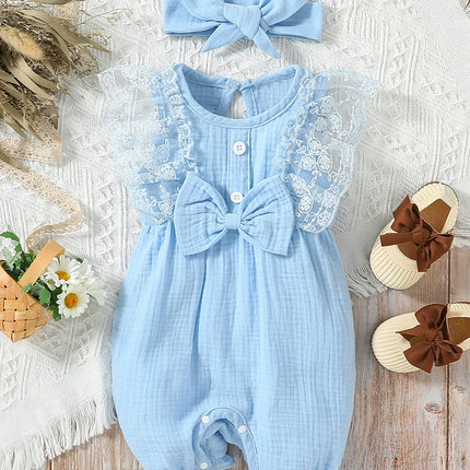 Girls Summer Sleeveless Lace Cotton Baby Bow Jumpsuit - Casual Cute Print With Plants