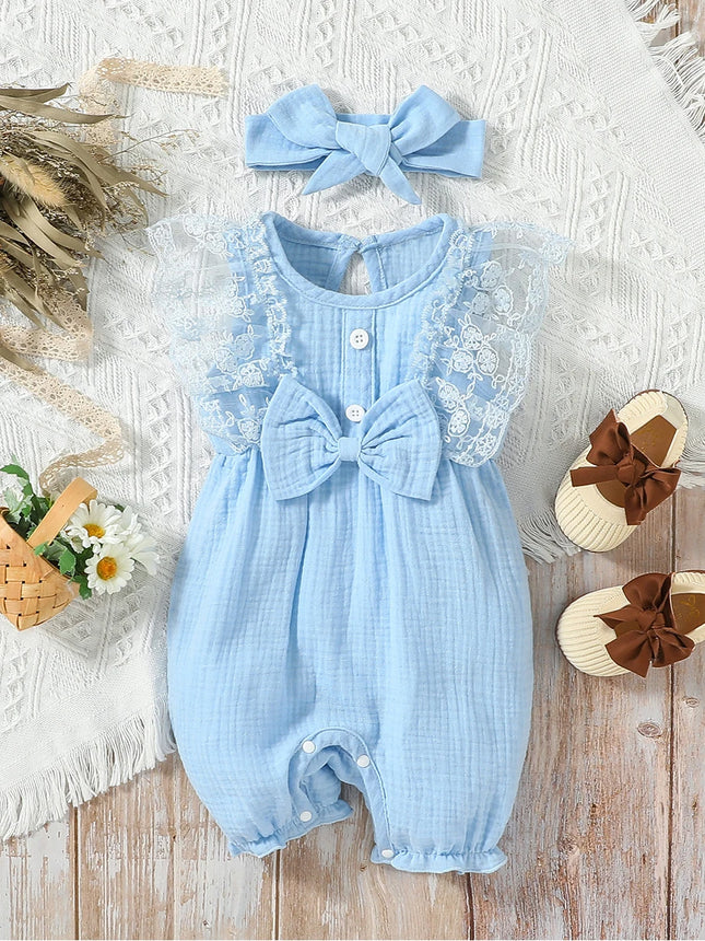Girls' Summer Sleeveless Lace Cotton Baby Bow Jumpsuit - Casual Cute Print With Plants