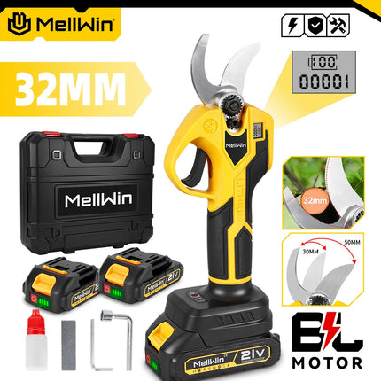 MELLWIN Brushless 32mm Electric Pruner Shear Fruit Tree Bonsai Cordless Pruning Scissors Power Tools For Makita 18V Battery Pin