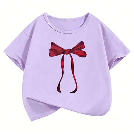 Y2k Red Bow Design Printed Funny T Shirts Graphic Kids Short Sleeve T-shirt Boys Girls Summer Spring Casual Top Tee Shirt