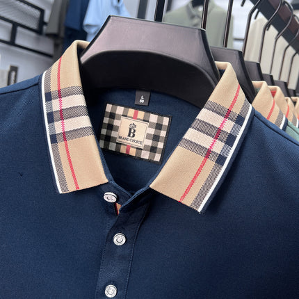 High-end luxury brand men's short-sleeve polo shirt, summer breathable cotton plaid lapel top, fashion embroidered casual T-shirt