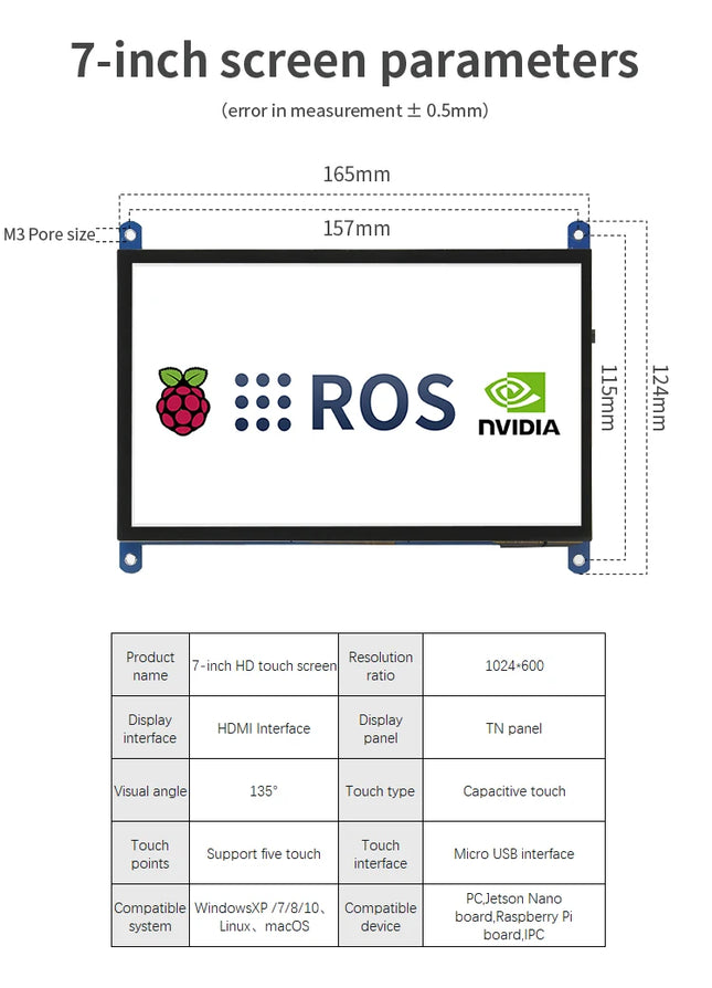 7-inch Touch Display Screen with Aluminum Alloy Bracket for Stable Support and Anti-drop for Raspberry Pi Jetson Car ROS Robot