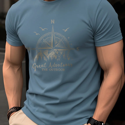 Summer men's 100% pure cotton casual fashionable loose retro compass mountain pattern printed round neck short sleeved T-shirt