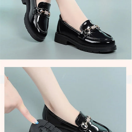 Women's Mary Jane Platform Shoes Round  Head Spring New Metal Chain Casual Soft Patent Leather Slip on Loafers