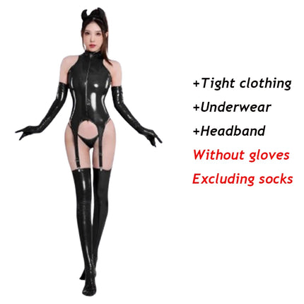 Wet Look Catsuit + G-string + Hair Clasp Sleeveless Shiny PU Leather Lingerie Bodysuit Sexy Erotic Cosplay Clubwear Body Garter